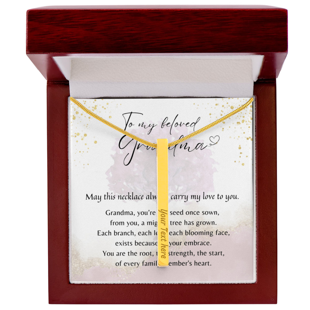 Personalized Engraved 4-Sided Bar Necklace for Grandma – A Meaningful Gift for Grandma | Gold finish in elegant wooden jewelry box with poem card
