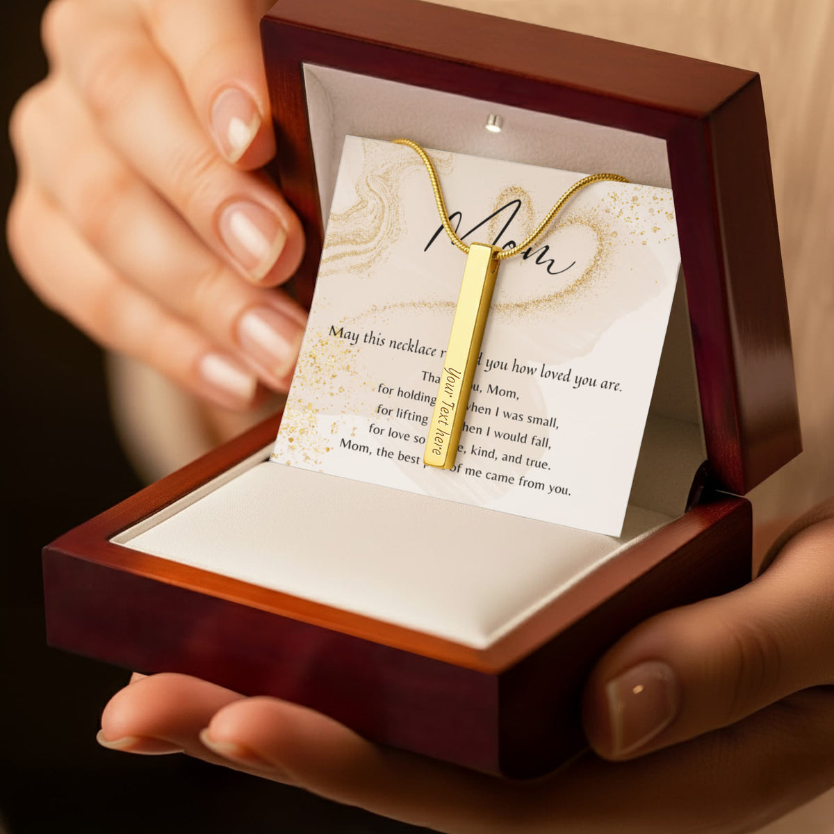 Personalized Engraved 4-Sided Bar Necklace for Mom – A Meaningful Gift of Love in 18k gold finish displayed in wooden gift box