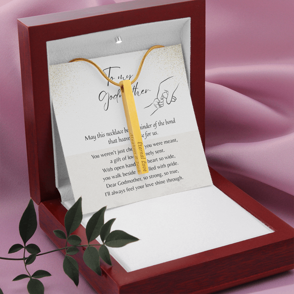 Engraved 4-Sided Bar Necklace for Godmother – Stainless Steel or 18k Gold Finish | A Meaningful Thank You Gift for Godmother displayed in elegant box