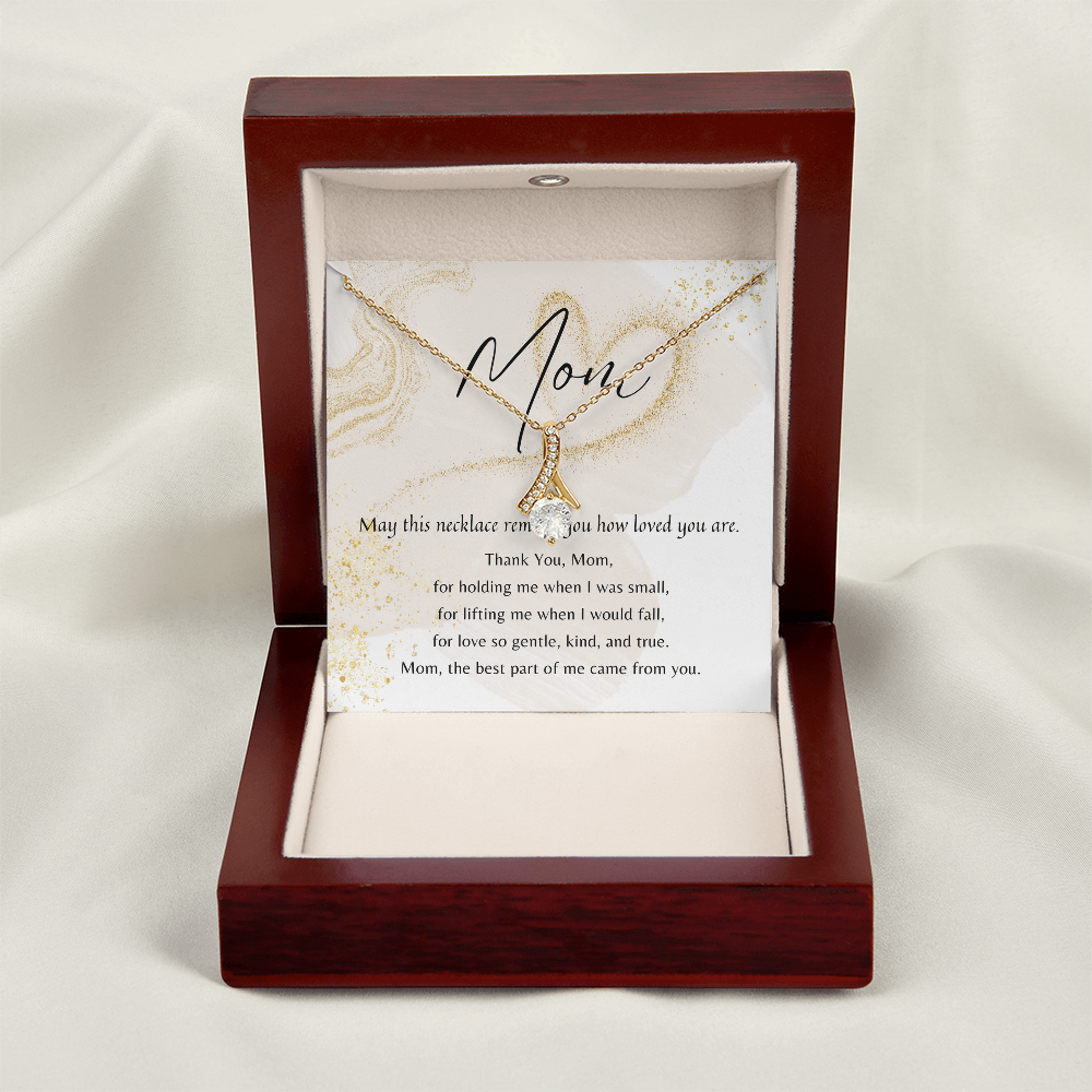 Gold ribbon-shaped necklace with cubic zirconia in mahogany gift box and heartfelt poem card for Mom.