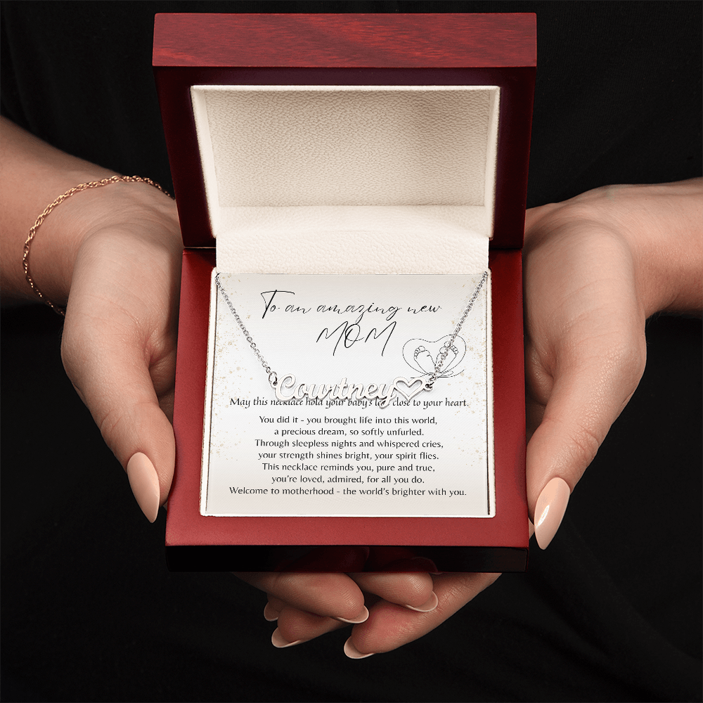 Heart Name Necklace for New Mom – A Meaningful Gift for a New Mom | silver necklace gift in wooden box with heartfelt message card