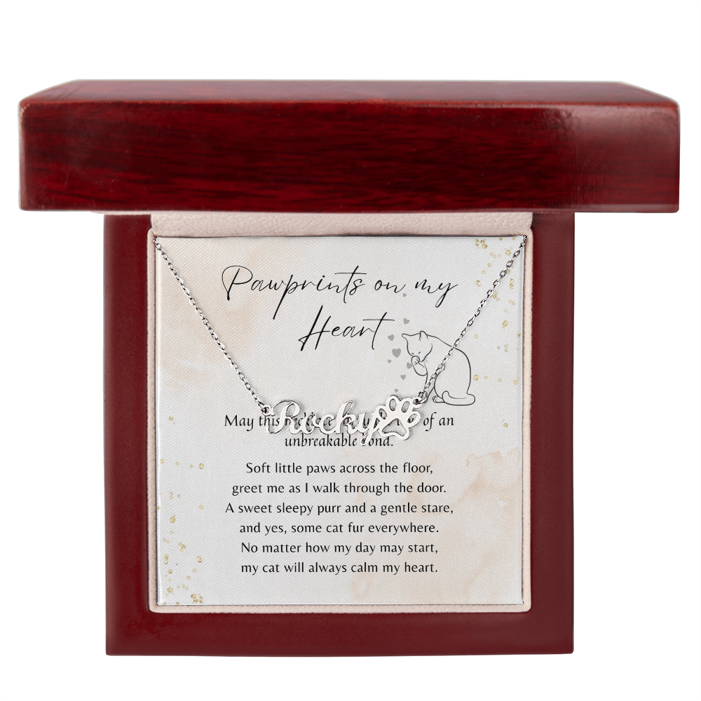 Custom Paw Print Name Necklace for Cat Owner – Personalized Cat Gift with silver paw pendant on heartfelt poem card in wooden box