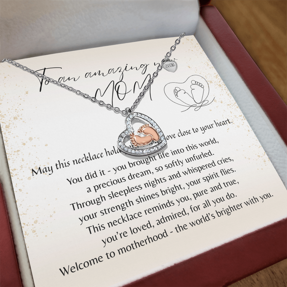 Baby Feet Heart Necklace for New Mom – A Meaningful Gift for a New Mom | Sterling Silver & 14k Rose Gold Plated on gift card in box