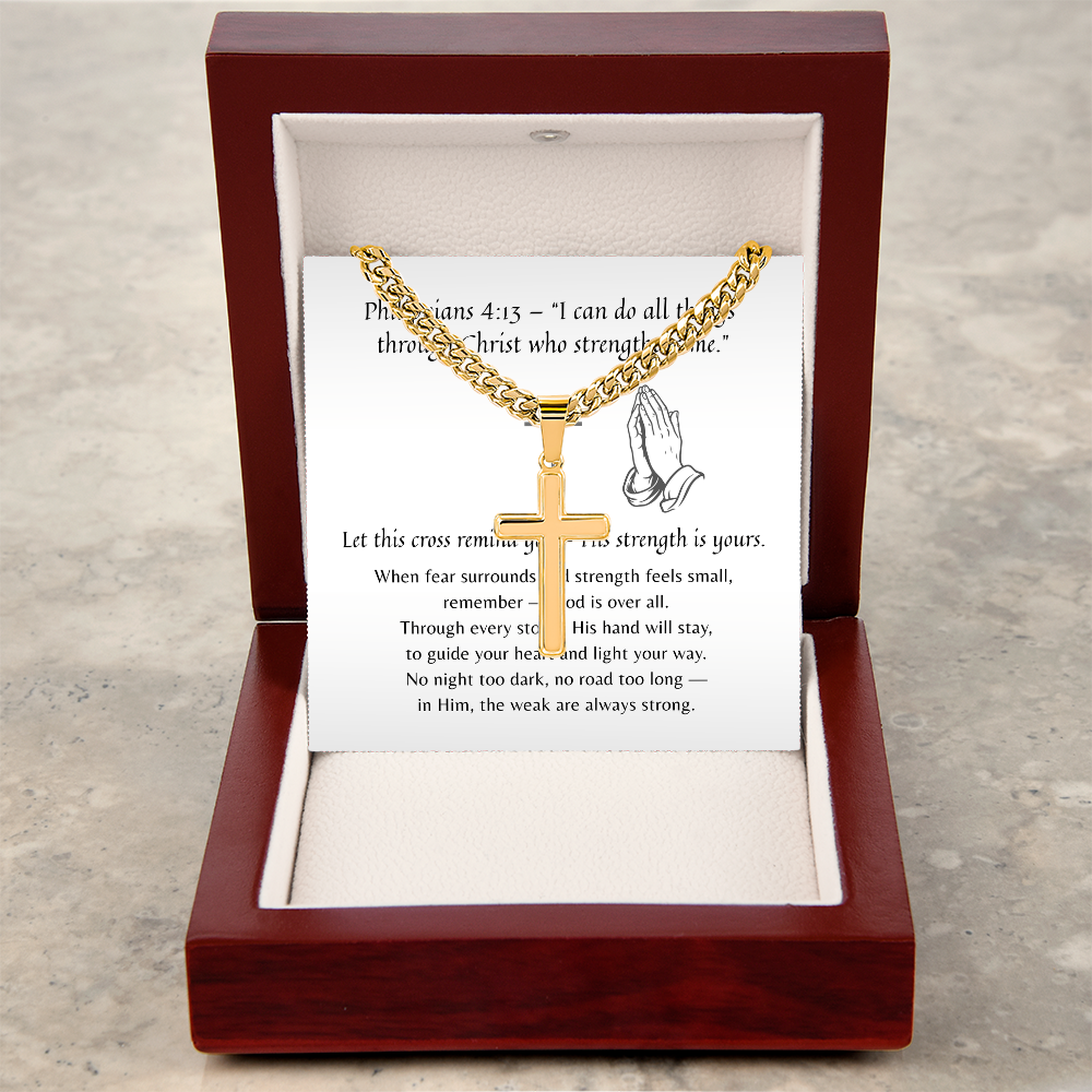 Artisan Cross with Cuban Link Chain for Him – A Meaningful Christian Gift for Him | Philippians 4:13 | Gold finish in wooden gift box with scripture card