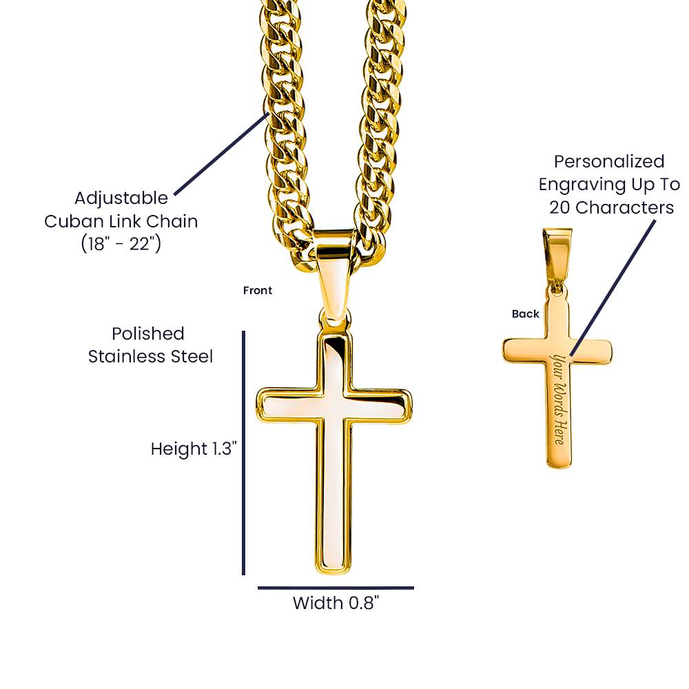 Personalized Cross Necklace with Cuban Link Chain for Brother – gold polished stainless steel with custom engraving option
