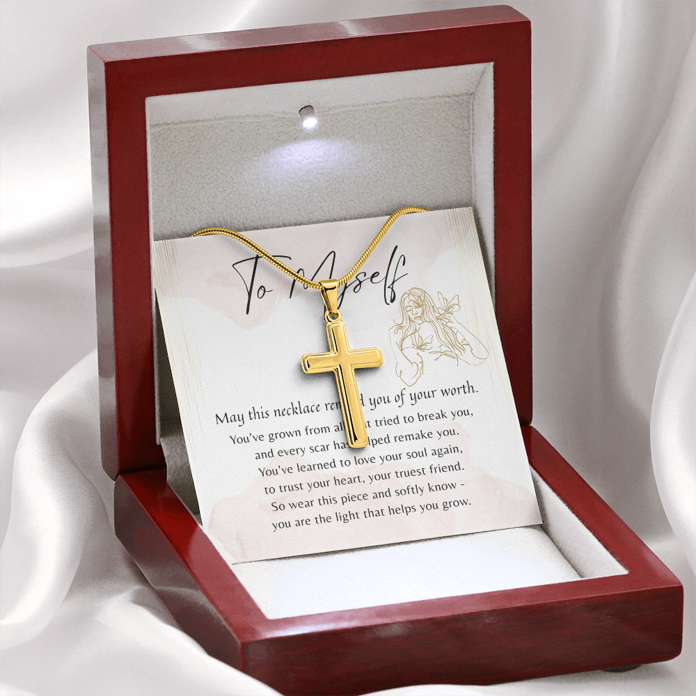 Personalized Cross Necklace for Myself – A Meaningful Gift for Yourself | 18k yellow gold plated cross in wooden box with message card