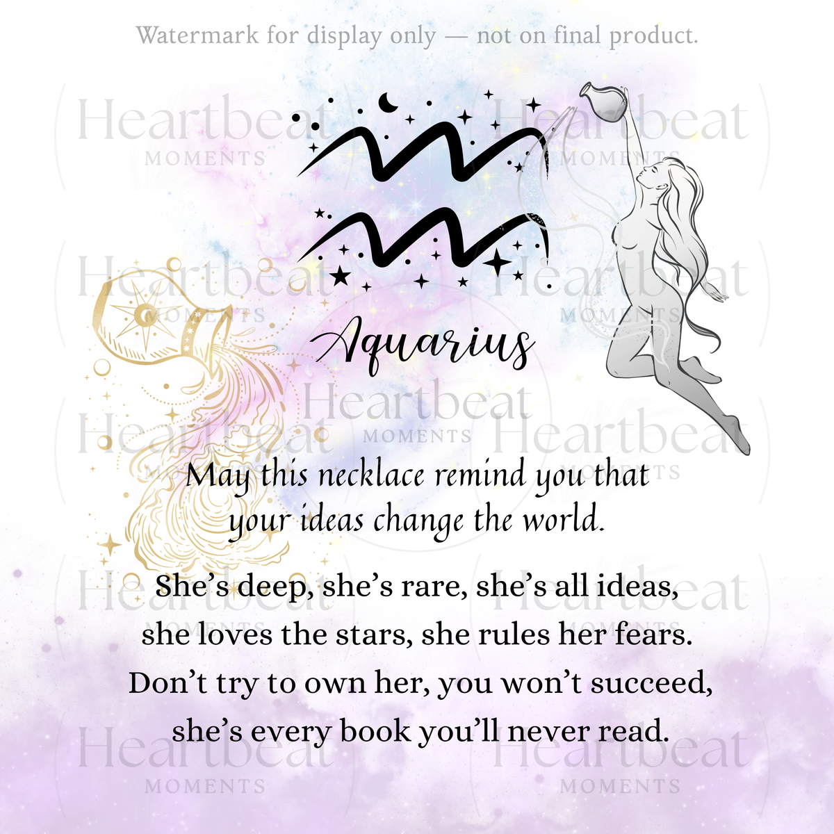 Aquarius Zodiac Necklace for Women – Astrology Gift shown with inspiring astrology message on watercolor background