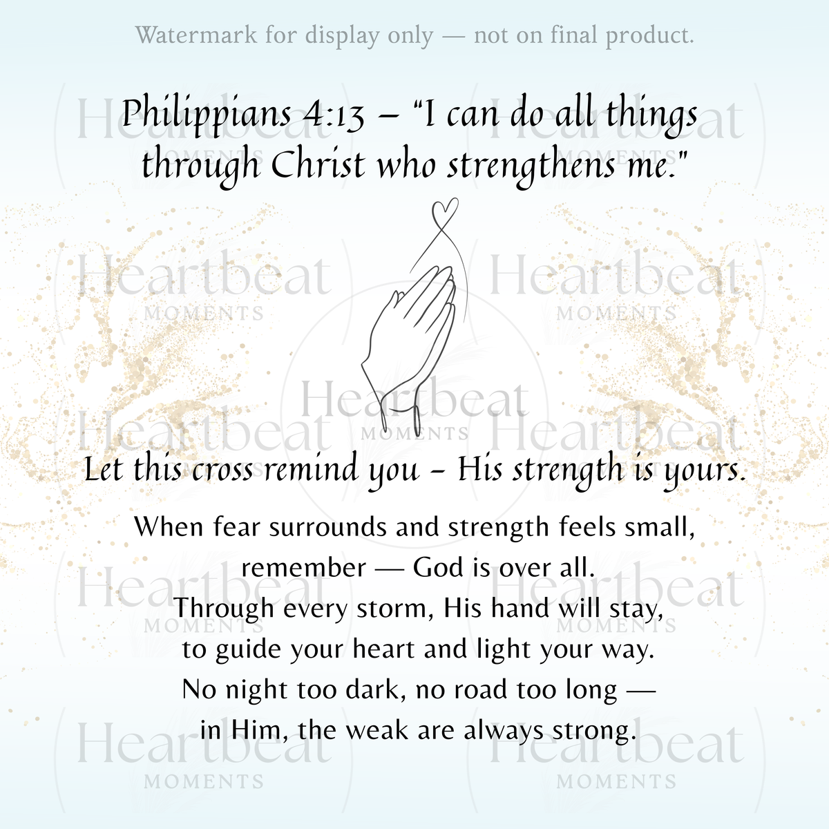 Artisan Cross Necklace for Her – A Meaningful Christian Gift for Her | Philippians 4:13 | Stainless Steel or 18k Yellow Gold Finish displayed with scripture quote and hand illustration