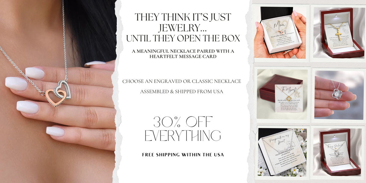 Hand holding delicate silver double heart necklace beside text promoting meaningful jewelry with gift box and necklace close-ups on right side.
