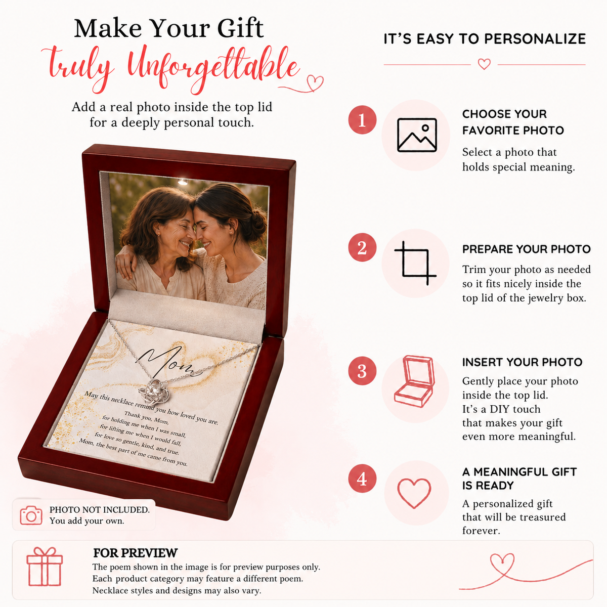 Alluring Beauty Necklace for Maid of Honor – An Elegant Maid of Honor Proposal Gift | Photo personalization guide shown in wooden box