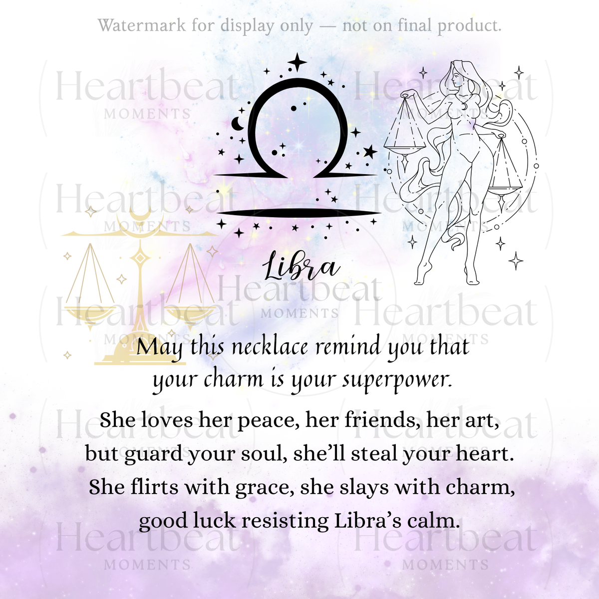 Libra Zodiac Necklace for Women – Astrology Gift with artistic Libra symbol and poetic text on pastel watercolor background