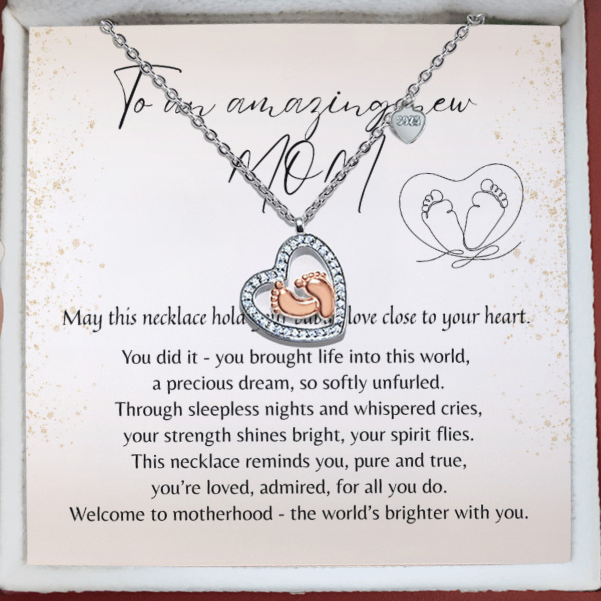 Baby Feet Heart Necklace for New Mom – A Meaningful Gift for a New Mom | Sterling Silver & 14k Rose Gold Plated on a heartfelt card background