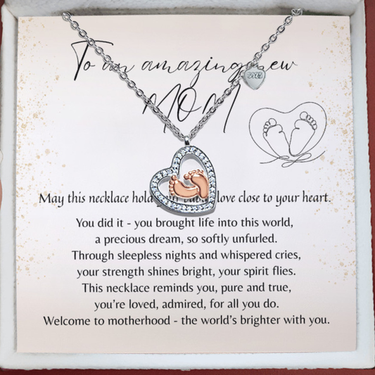 Baby Feet Heart Necklace for New Mom – A Meaningful Gift for a New Mom | Sterling Silver & 14k Rose Gold Plated on a heartfelt card background