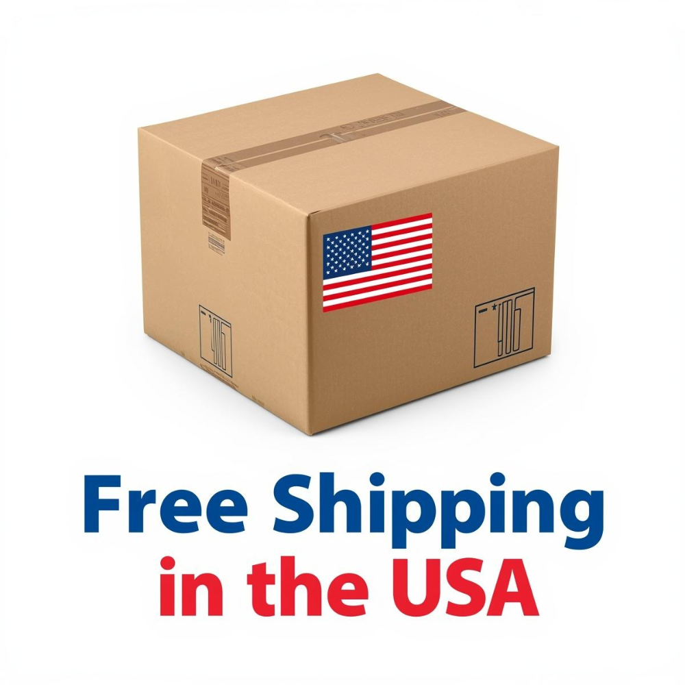 Brown cardboard box with an American flag icon above bold text stating free shipping within the United States