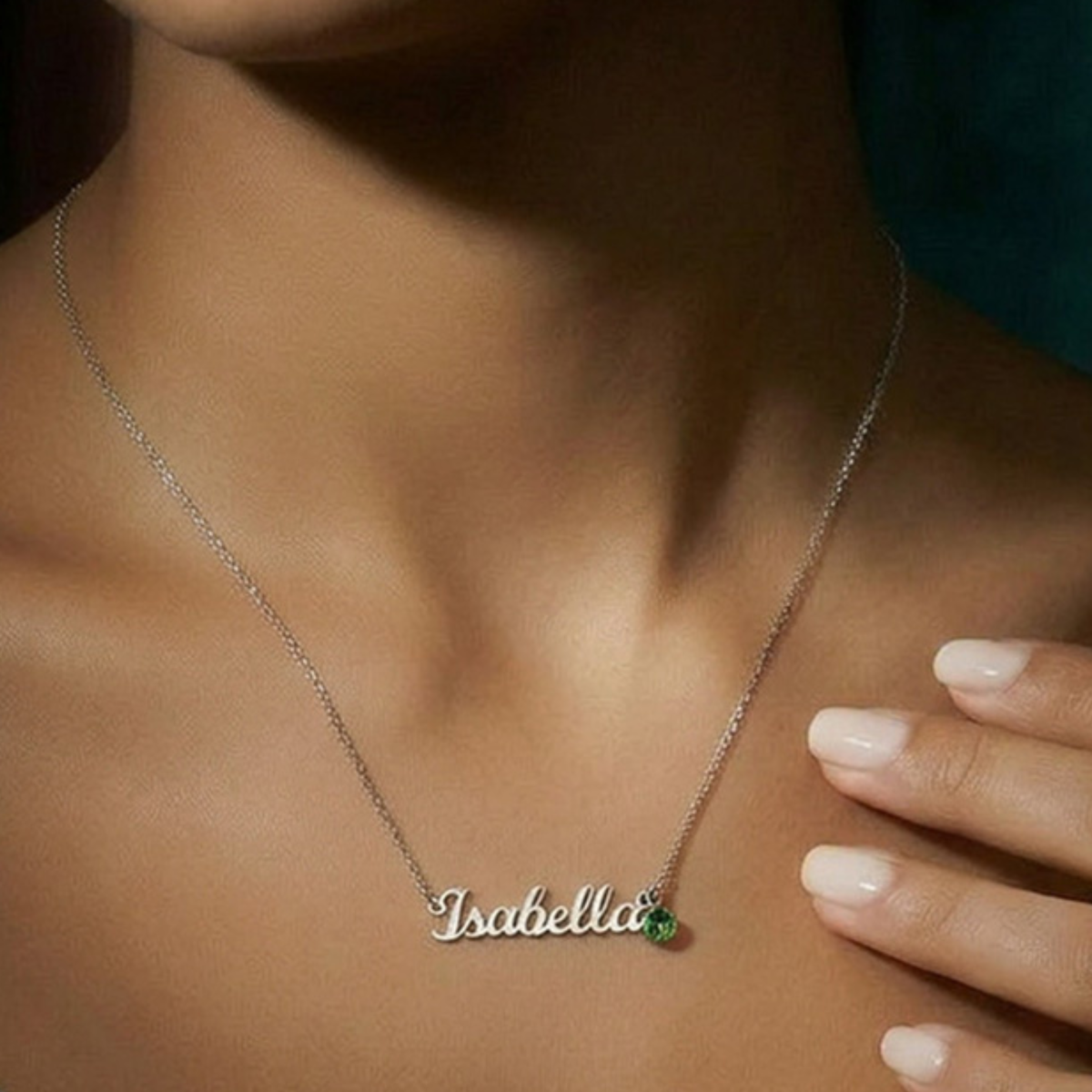 Custom Name Necklace with Birthstone for Grandma – A Meaningful Gift for Grandma | Silver name necklace with green birthstone on delicate chain