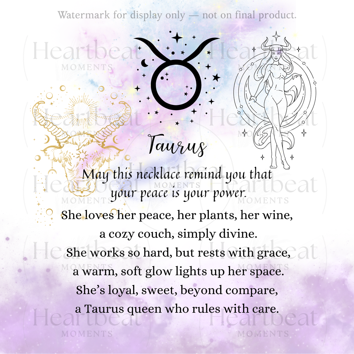 Taurus Zodiac Necklace for Women – Astrology Gift with artistic Taurus symbol and poetic text on purple watercolor background