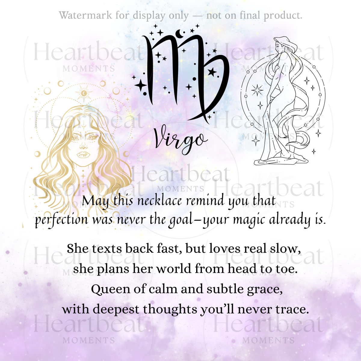 Virgo Zodiac Necklace for Women – Astrology Gift displayed with poetic Virgo-themed card on pastel purple starry background