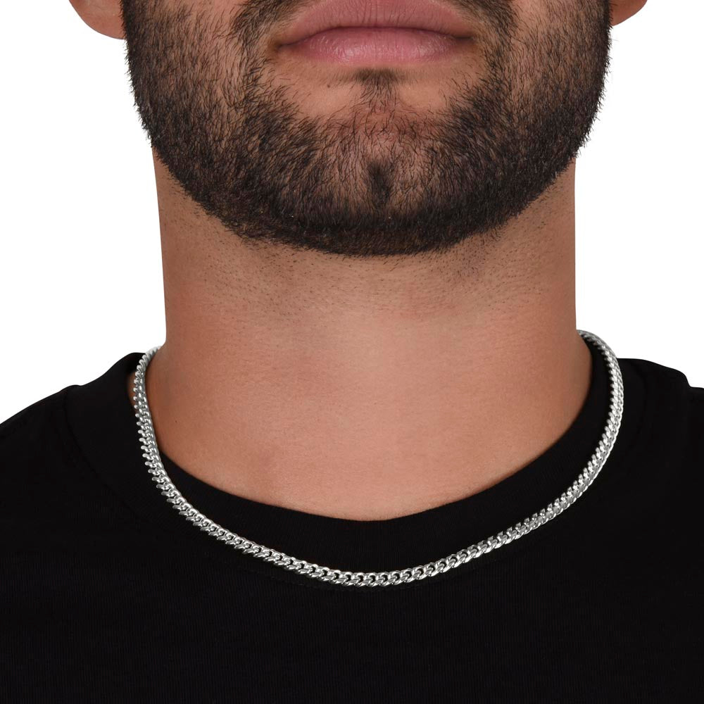 Man wearing Cuban Link Chain for Grandpa-To-Be – Stainless Steel or 14k Gold Plated | A Meaningful Baby Announcement Gift for Grandpa-To-Be