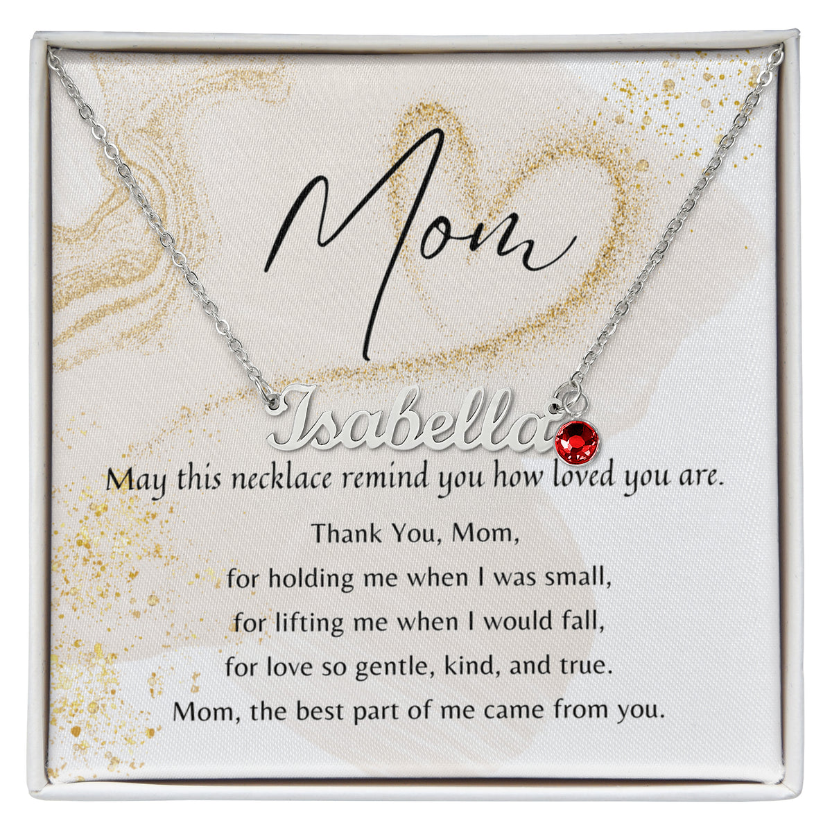 Custom Name Necklace with Birthstone for Mom – A Meaningful Gift of Love | Silver name pendant and red birthstone in gift box with poem