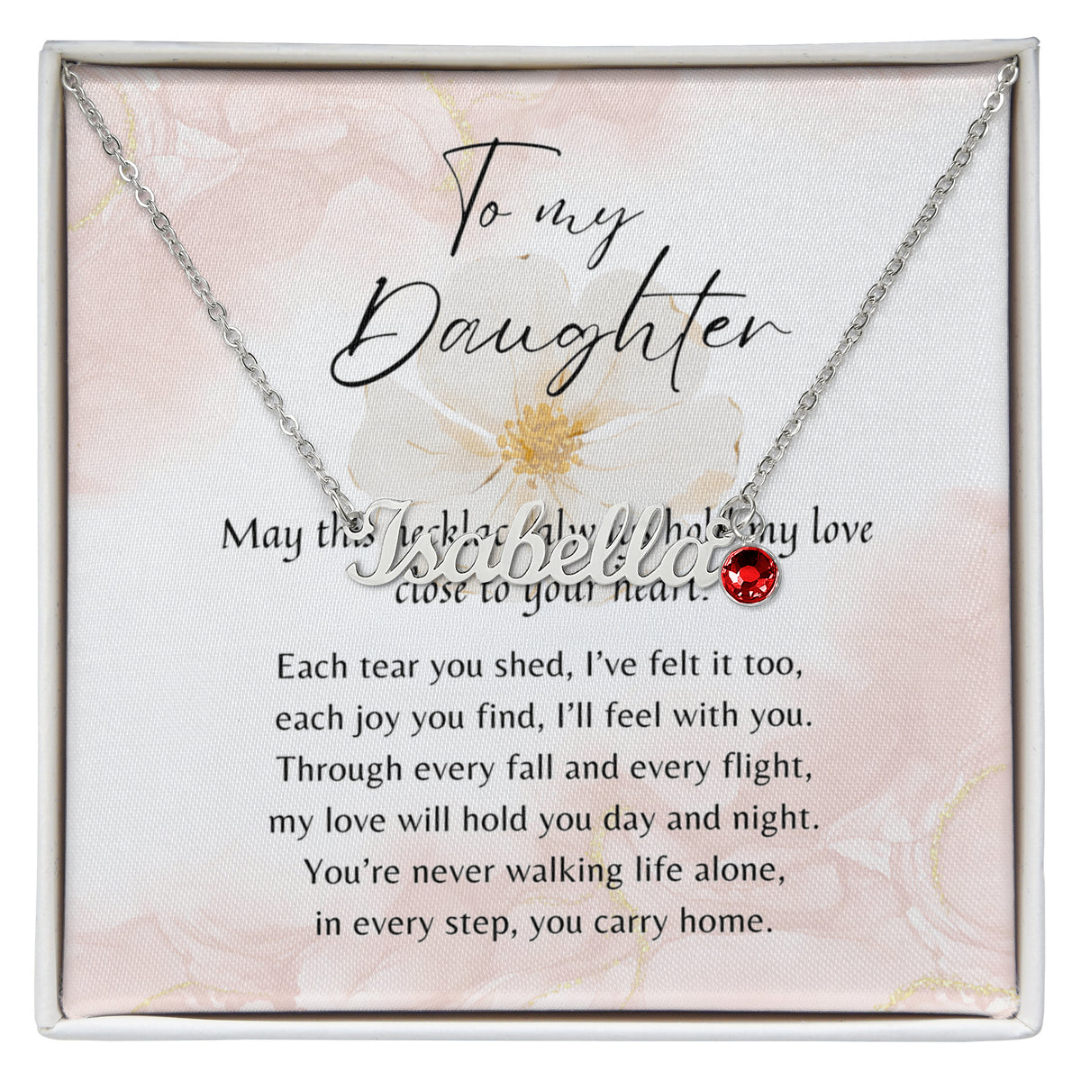 Custom Name Necklace with Birthstone for Daughter – A Meaningful Gift from Parent | silver name necklace with red birthstone on floral card