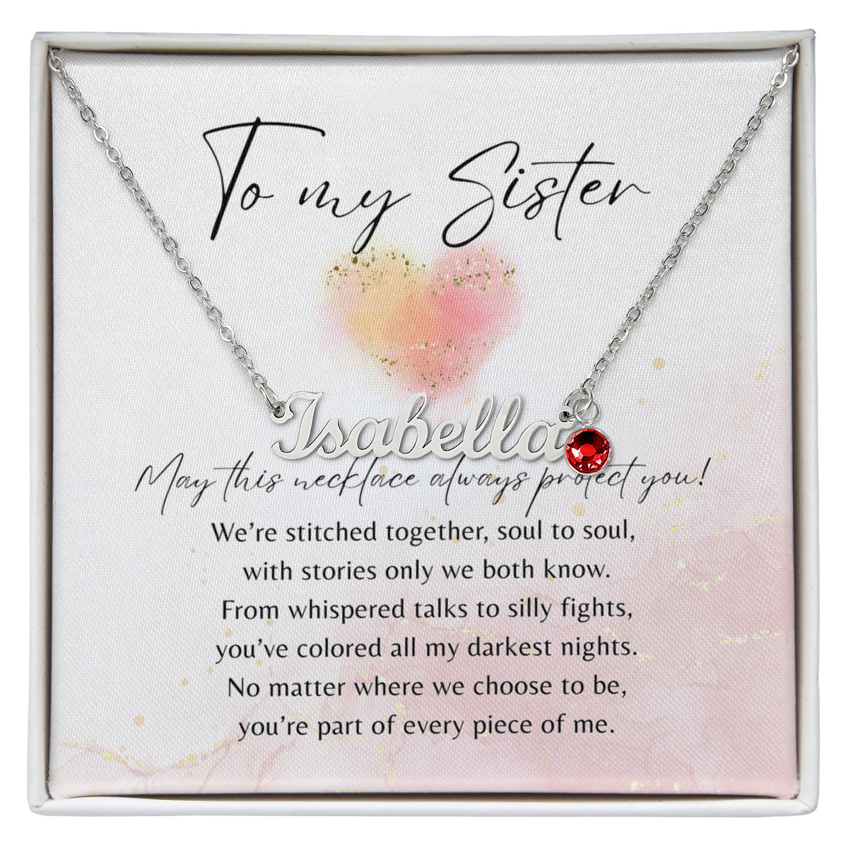 Custom Name Necklace with Birthstone for Sister – A Meaningful Gift of Sisterhood | Elegant silver nameplate necklace with red birthstone charm in gift box