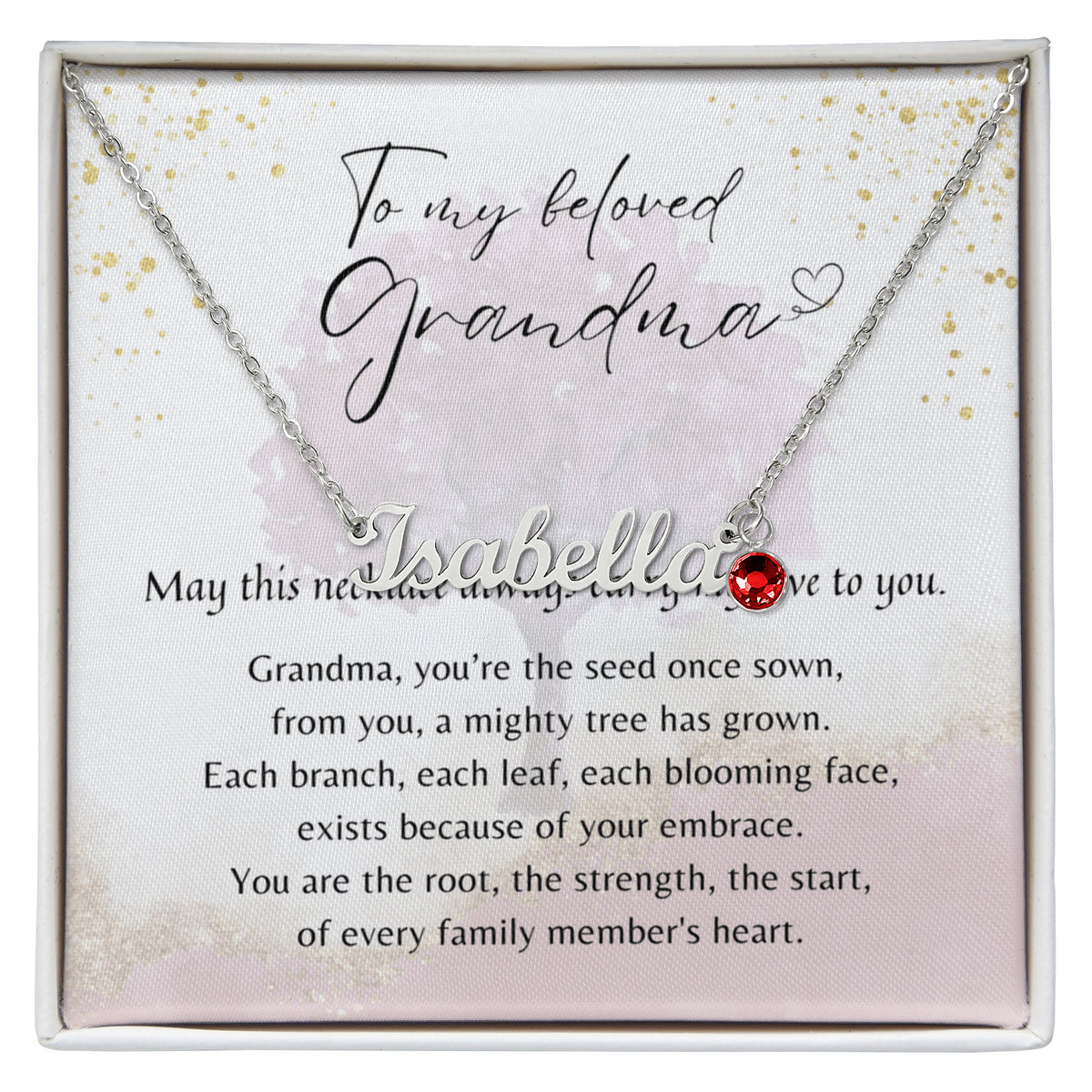 Custom Name Necklace with Birthstone for Grandma – Personalized Gift with red birthstone and heartfelt poem in decorative box display