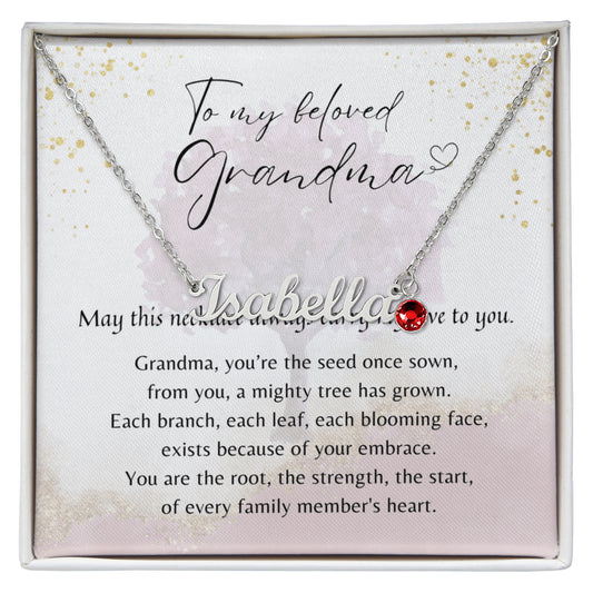 Custom Name Necklace with Birthstone for Grandma – Personalized Gift with red birthstone and heartfelt poem in decorative box display