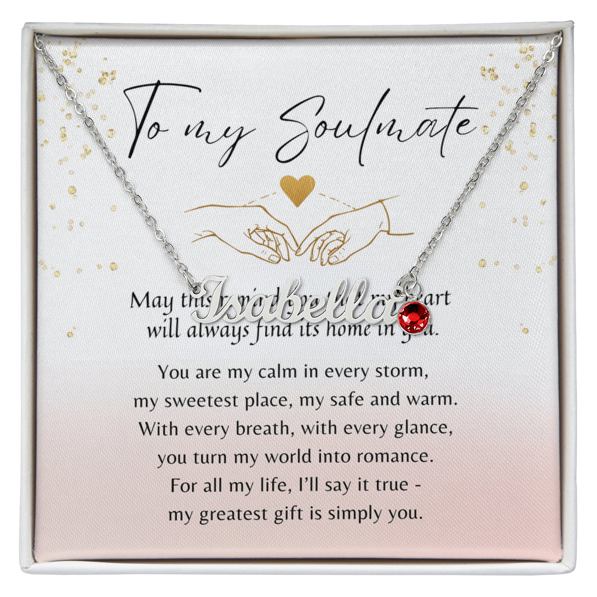 Custom Name Necklace with Birthstone for Her – A Meaningful Romantic Gift of Love | silver necklace with red birthstone on romantic card