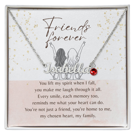Custom Name Necklace with Birthstone for Best Friend – A Meaningful Gift of Friendship | personalized silver-tone name necklace with red birthstone charm