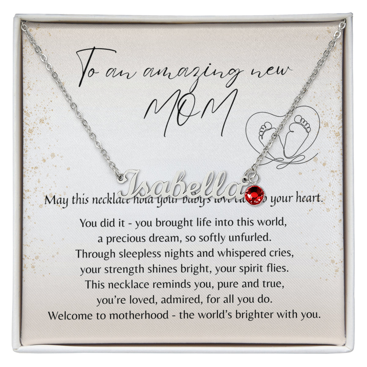 Custom Name Necklace with Birthstone for New Mom – A Meaningful Gift for a New Mom | silver necklace with red birthstone on heartfelt card