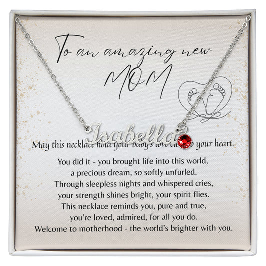 Custom Name Necklace with Birthstone for New Mom – A Meaningful Gift for a New Mom | silver necklace with red birthstone on heartfelt card