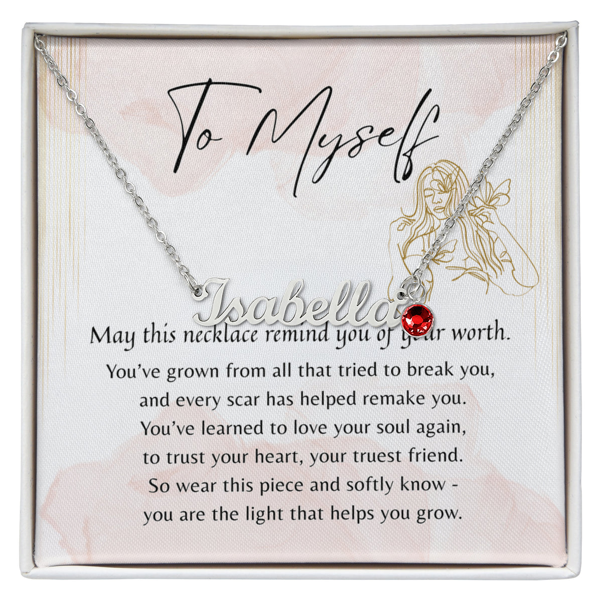 Custom Name Necklace with Birthstone for Myself – A Meaningful Gift for Yourself | necklace with red birthstone and inspiring message card