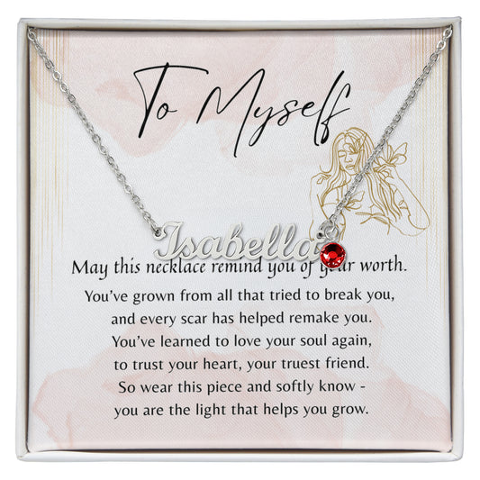 Custom Name Necklace with Birthstone for Myself – A Meaningful Gift for Yourself | necklace with red birthstone and inspiring message card