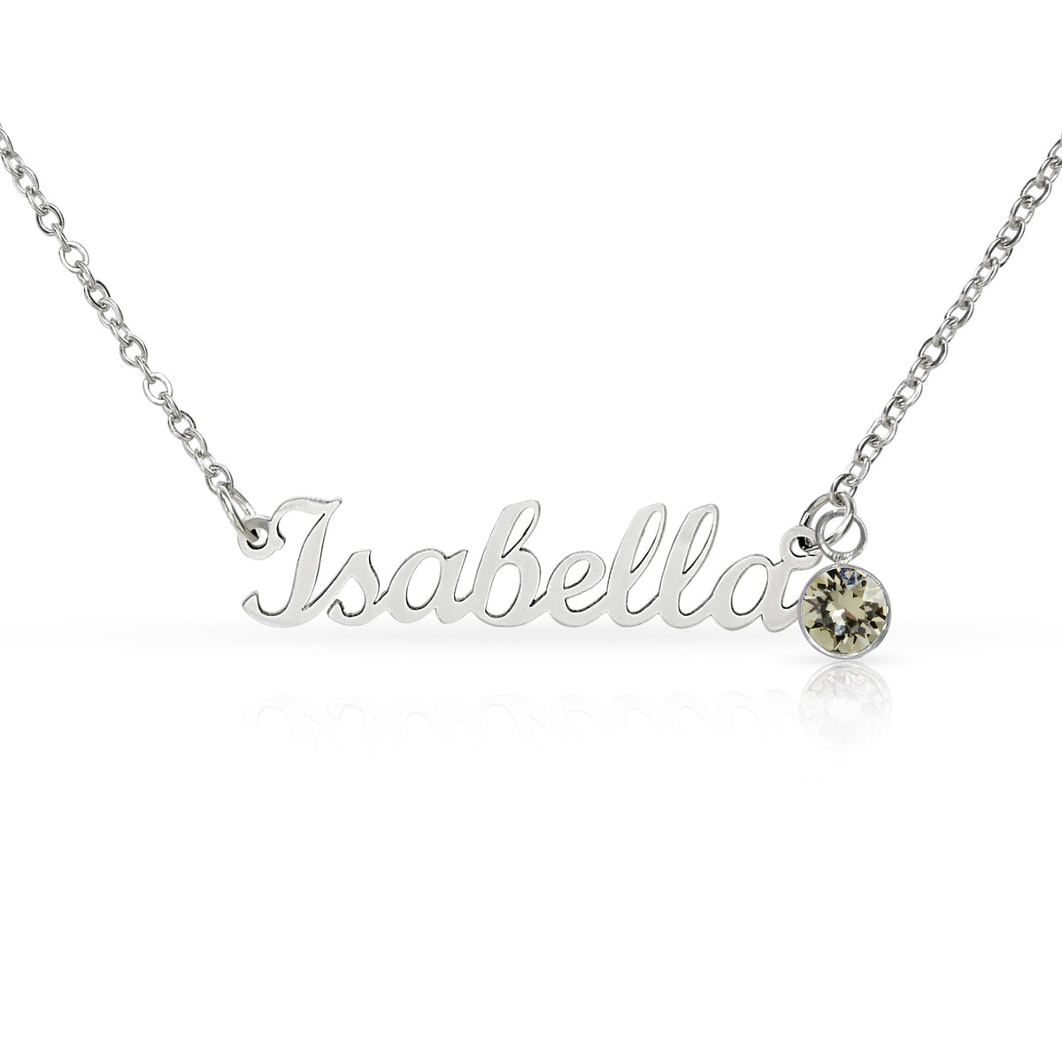 Custom Name Necklace with Birthstone for Grandma – Personalized Gift in silver script with sparkling birthstone charm