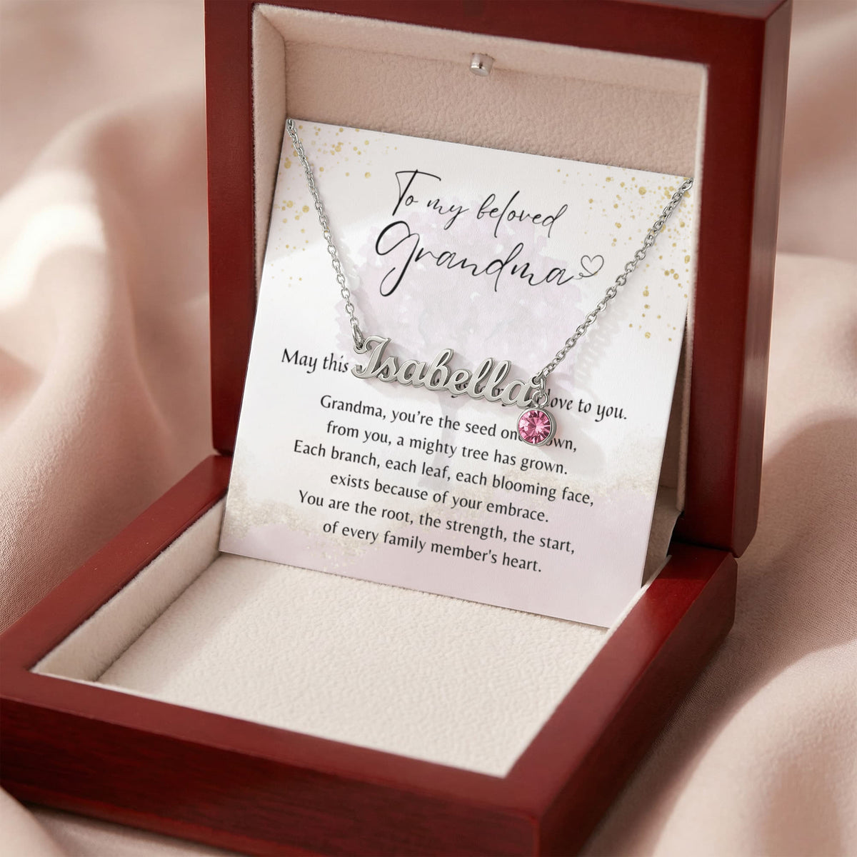Custom Name Necklace with Birthstone for Grandma – Personalized Gift in silver with meaningful poem card in elegant wooden box display