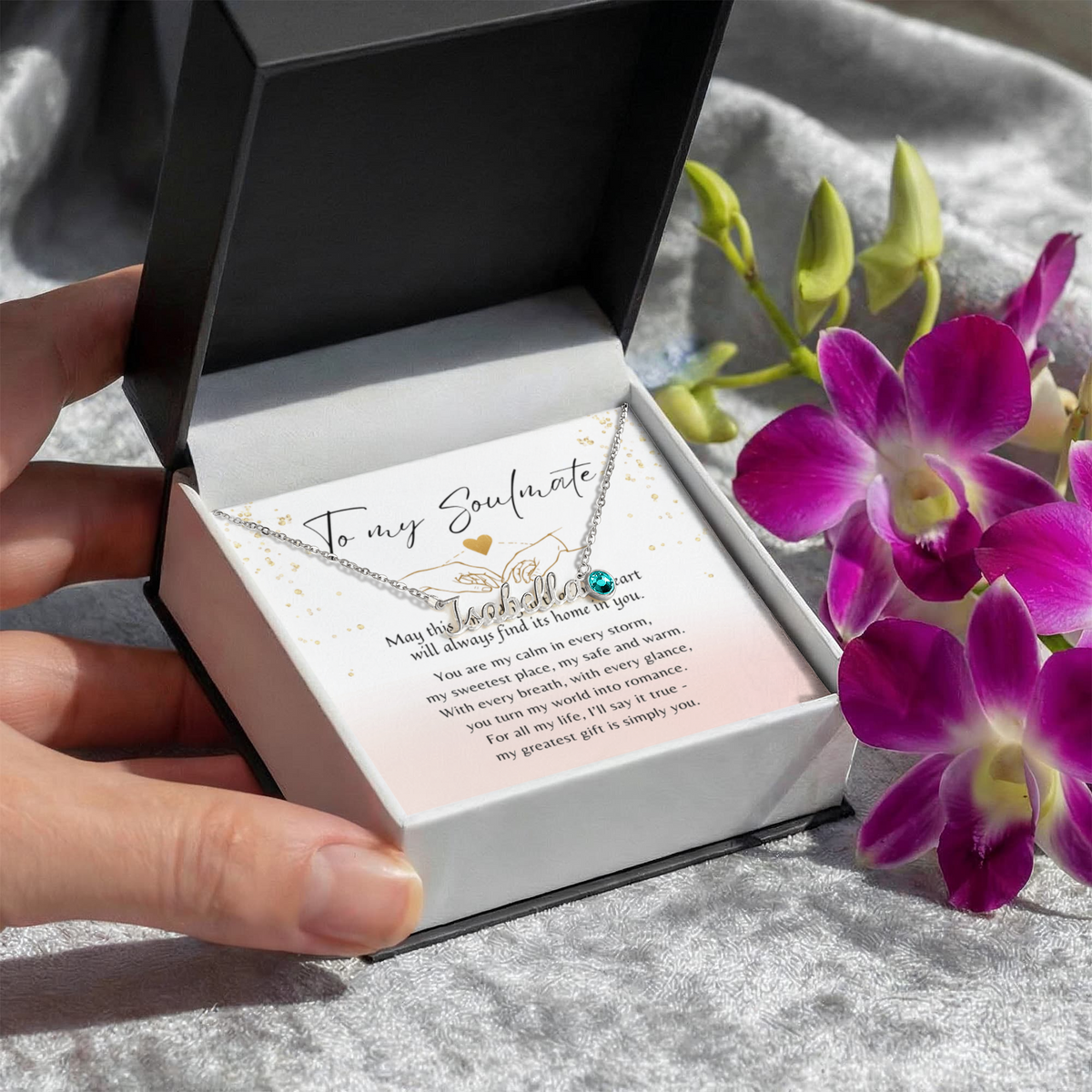 Custom Name Necklace with Birthstone for Her – A Meaningful Romantic Gift of Love | delicate necklace with blue birthstone in gift box with poem