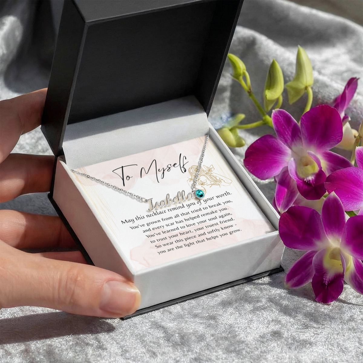 Custom Name Necklace with Birthstone for Myself – A Meaningful Gift for Yourself | personalized necklace in gift box with inspirational message card
