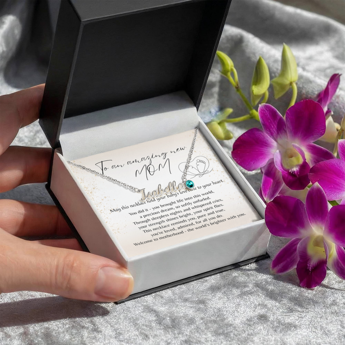 Custom Name Necklace with Birthstone for New Mom – A Meaningful Gift for a New Mom | silver necklace with blue charm in gift box