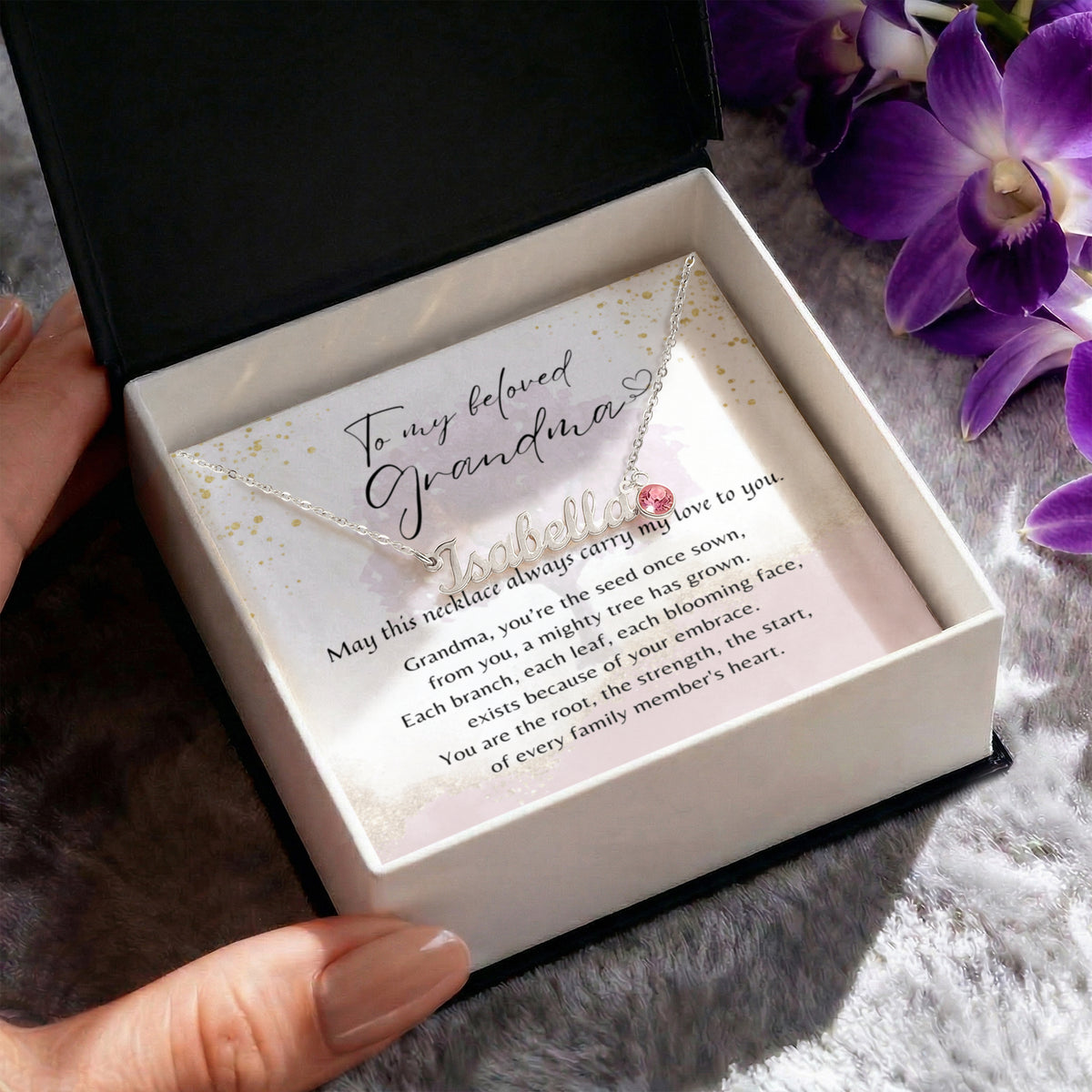 Custom Name Necklace with Birthstone for Grandma – Personalized Gift with meaningful poem card in elegant gift box display