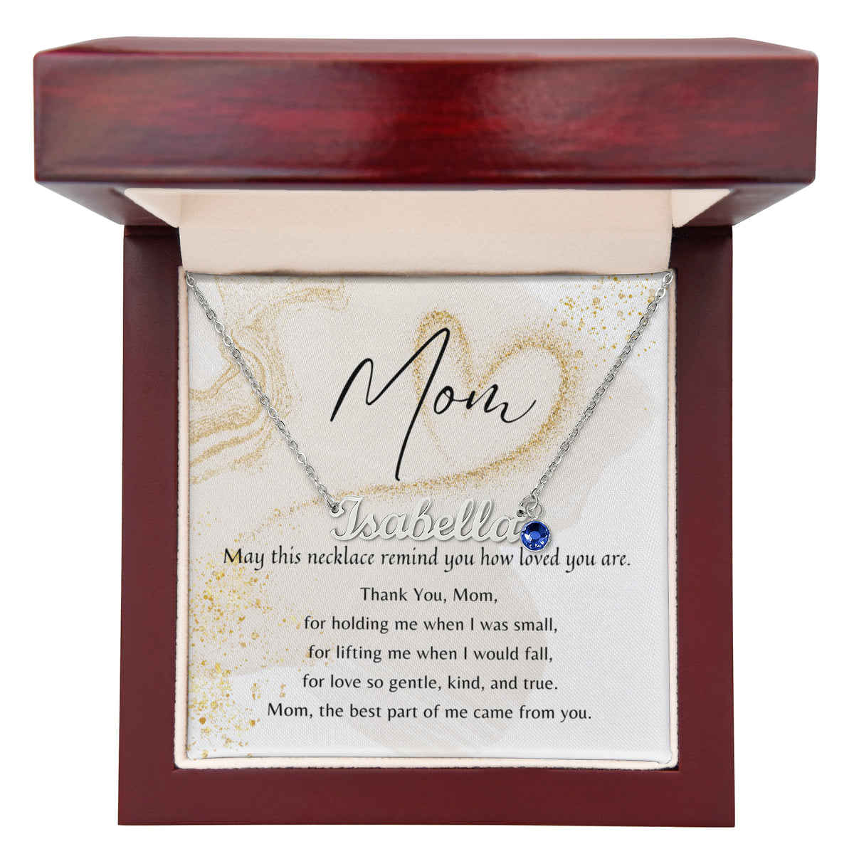 Custom Name Necklace with Birthstone for Mom – A Meaningful Gift of Love | silver chain with blue gemstone in wooden box and poem
