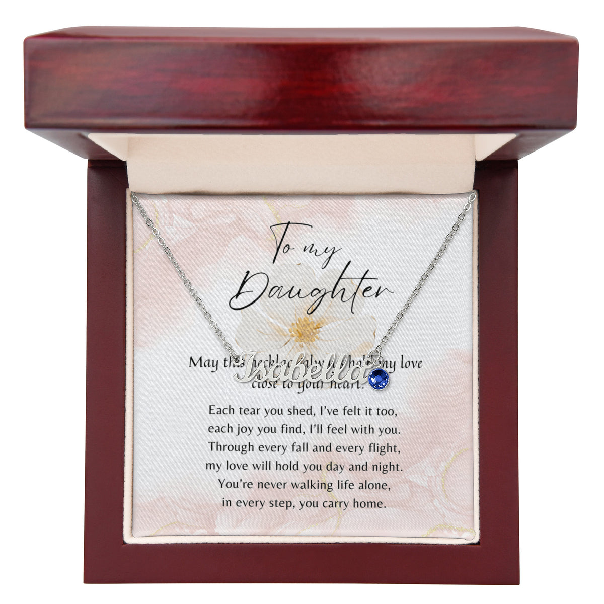 Custom Name Necklace with Birthstone for Daughter – A Meaningful Gift from Parent | silver finish necklace with blue birthstone in wooden gift box