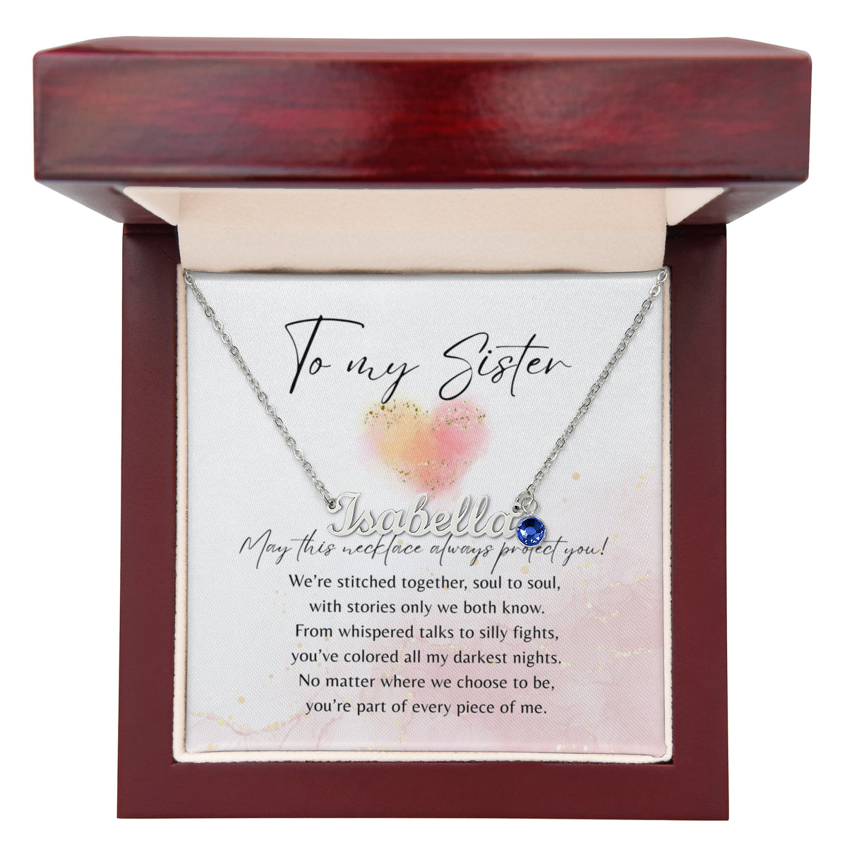Custom Name Necklace with Birthstone for Sister – A Meaningful Gift of Sisterhood | silver name necklace with blue birthstone in wooden box