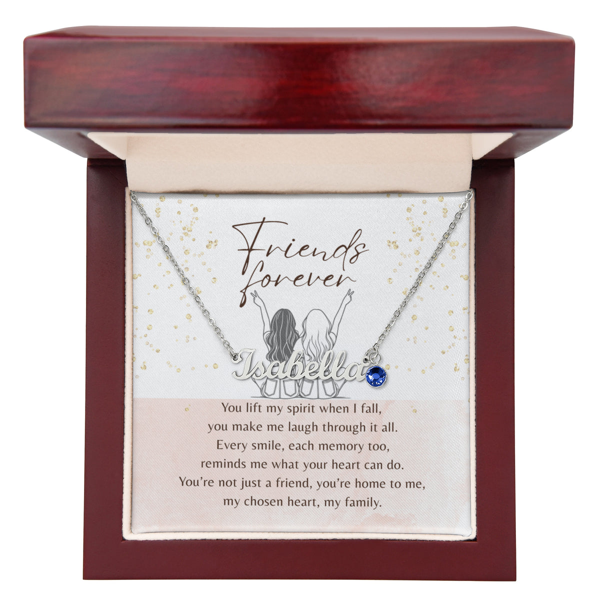 Custom Name Necklace with Birthstone for Best Friend – A Meaningful Gift of Friendship | silver necklace in gift box with blue charm