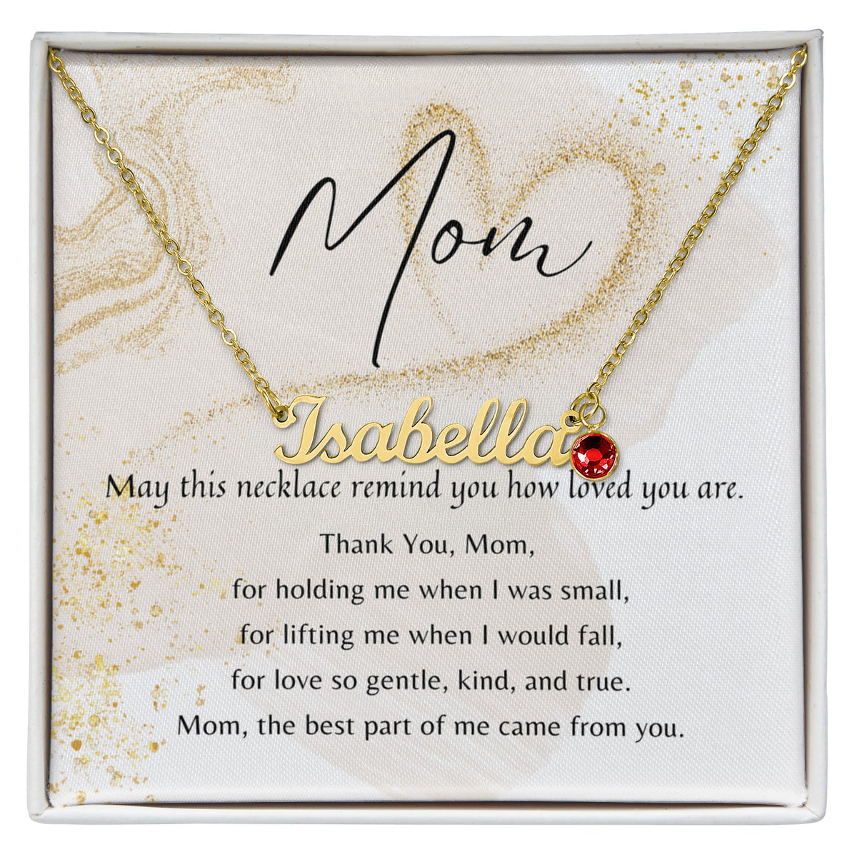 Custom Name Necklace with Birthstone for Mom – A Meaningful Gift of Love | Gold finish necklace with red birthstone in gift box with poem