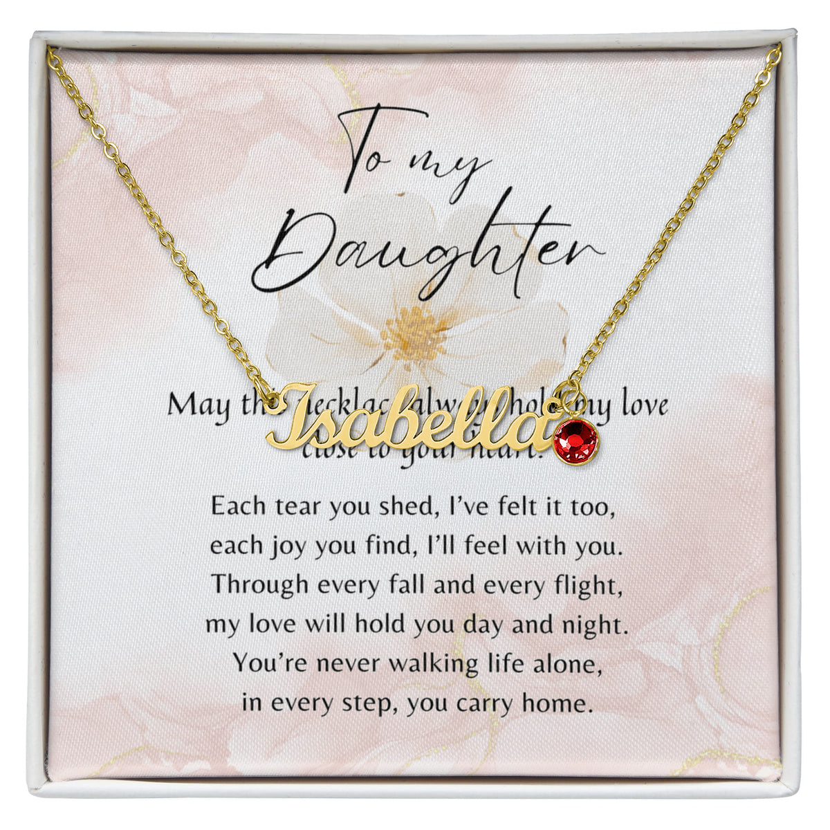Custom Name Necklace with Birthstone for Daughter – A Meaningful Gift from Parent | gold finish name necklace with red birthstone in gift box