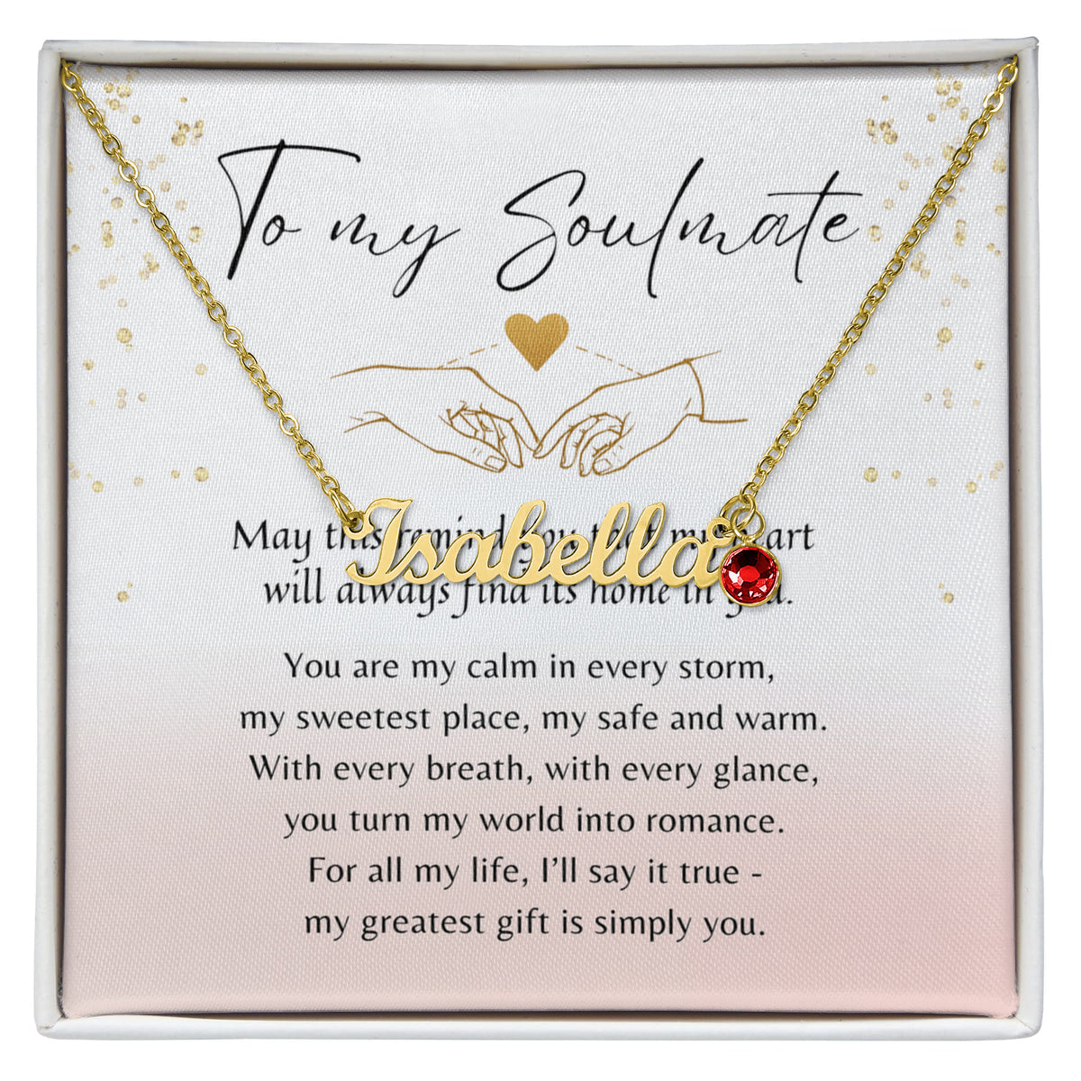 Custom Name Necklace with Birthstone for Her – A Meaningful Romantic Gift of Love | gold name necklace displayed on romantic message card