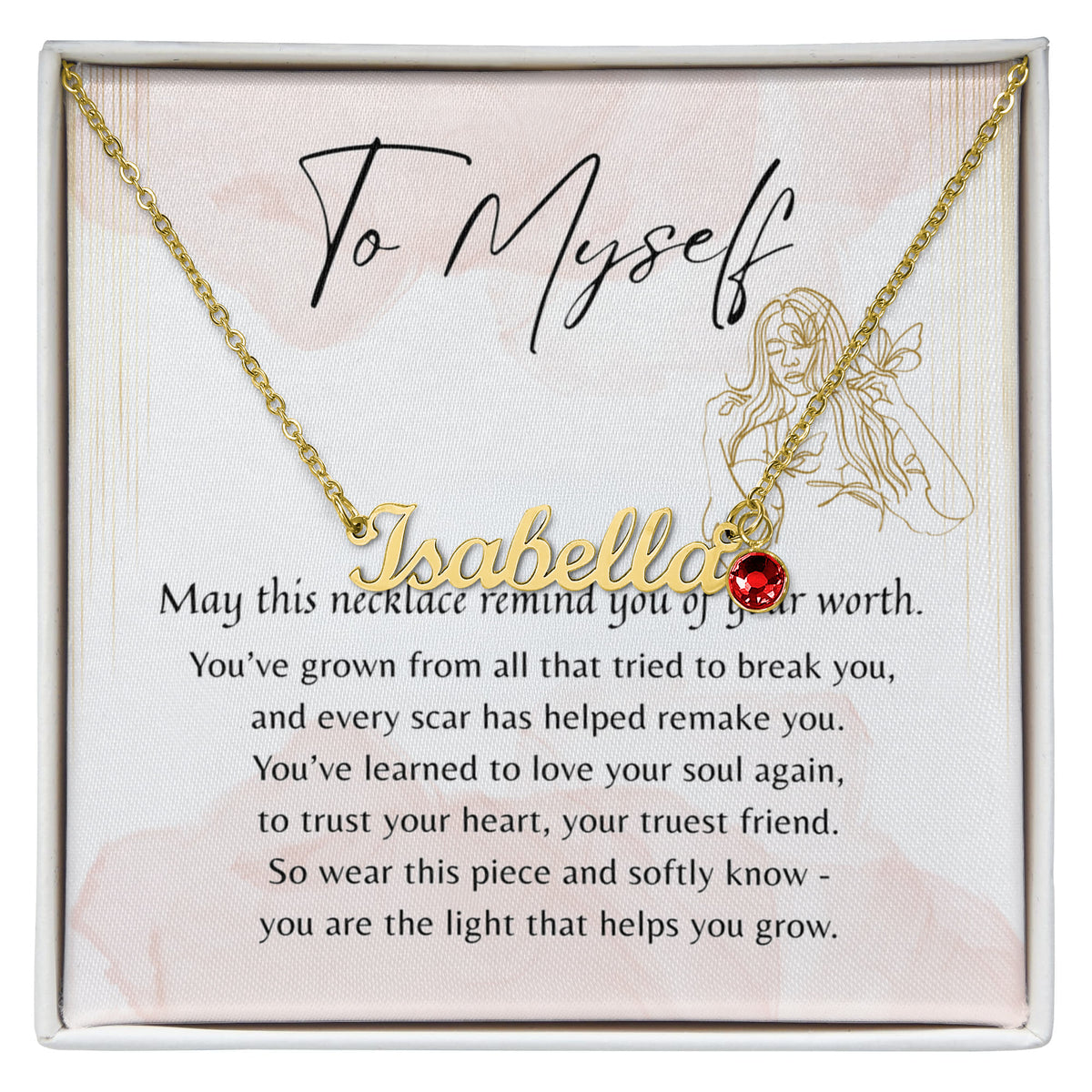 Custom Name Necklace with Birthstone for Myself – A Meaningful Gift for Yourself | gold name necklace with red birthstone on inspiring card