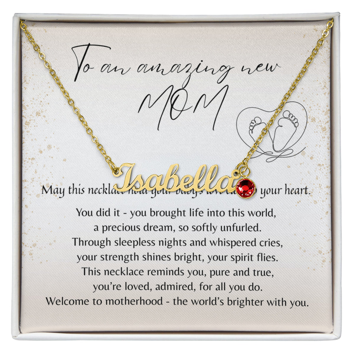 Custom Name Necklace with Birthstone for New Mom – A Meaningful Gift for a New Mom | gold name necklace with red birthstone on greeting card