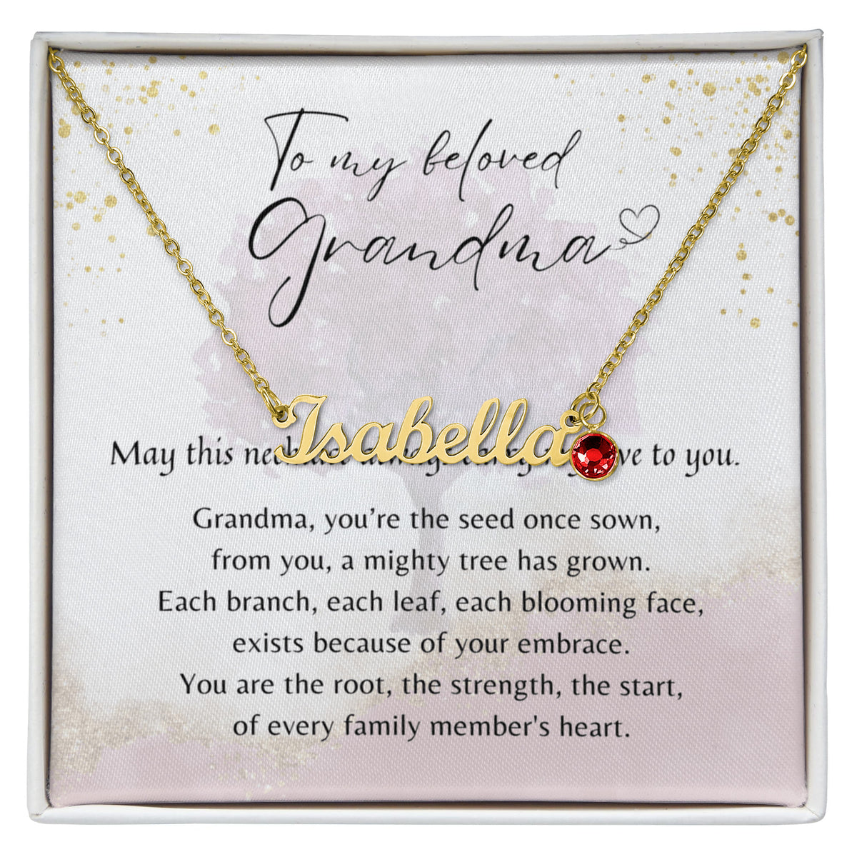 Custom Name Necklace with Birthstone for Grandma – Personalized Gift with red birthstone and heartfelt poem in gift box display