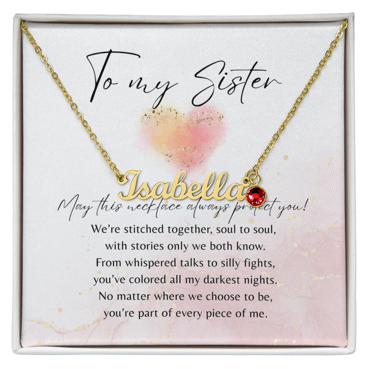 Custom Name Necklace with Birthstone for Sister – A Meaningful Gift of Sisterhood | Gold name necklace with red birthstone and heartfelt poem card